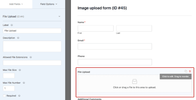 Click on the file upload box to edit the image file form settings 