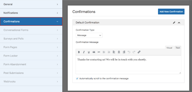 Click on confirmations to edit your image upload form confirmation page 