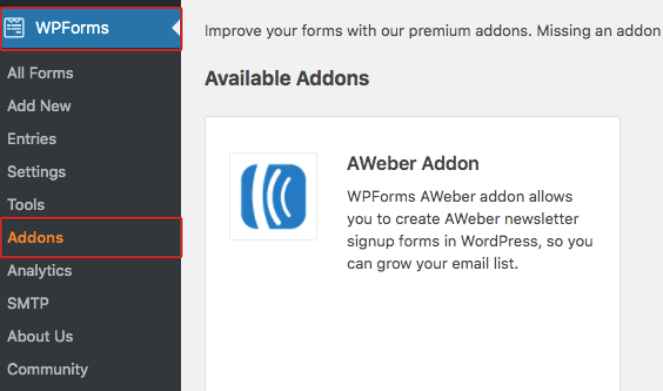 Click on WPForms then Addons to install an image upload form template 