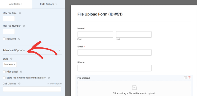 Advanced options of the image file form 