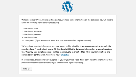 Click on Let's go - Install WordPress using FTP