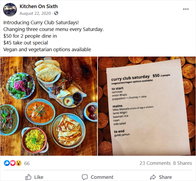 facebook post from restaurant