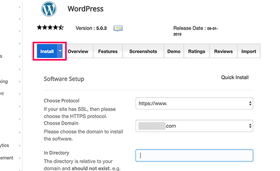 Click on Install - WordPress on Siteground