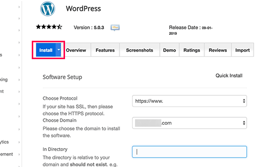 Click on Install - Install WordPress with Softaculous