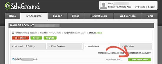 Click on visit admin panel - Install WordPress on Siteground